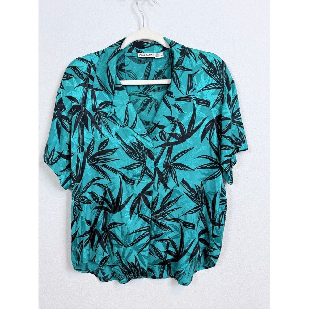 Anne Klein II Silk Teal & Black Tropical Leaf Short Sleeve Blouse S